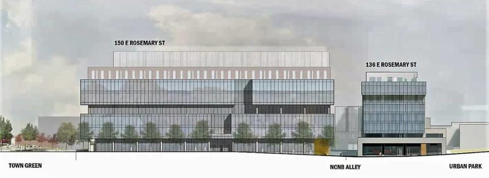 An architect’s rendering shows how the south side of East Rosemary Street could look once Grubb Properties completes its CVS building renovation (right) and the construction of a new office and wet lab building (left) in downtown Chapel Hill.