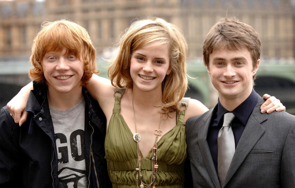 The cast of Harry Potter And The Order Of The Phoenix, (left to right) Rupert Grint, Emma Watson, and Daniel Radcliffe, on the Thames Terrace of County Hall in south London, ahead of the European premiere of the film next week.