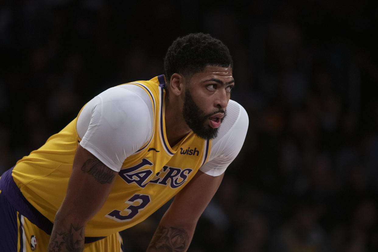 Los Angeles Lakers forward Anthony Davis in an NBA basketball game against the Memphis Grizzlies in Los Angeles, Tuesday, Oct. 29, 2019. (AP Photo/Kyusung Gong)