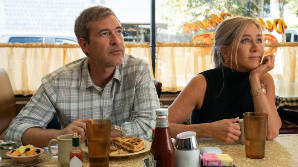 Mark Duplass and Jennifer Aniston in “The Morning Show” Season 3 (Apple TV+)