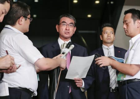 Japan's Foreign Minister Taro Kono speaks to media after South Korea announced scrapping of an intelligence-sharing pact with Japan, at Foreign Ministry in Tokyo