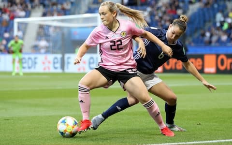  Erin Cuthbert of Scotland battles for possession with Aldana Cometti of Argentina during the 2019 FIFA Women's World Cup France group D match between Scotland and Argentina - Credit: FIFA