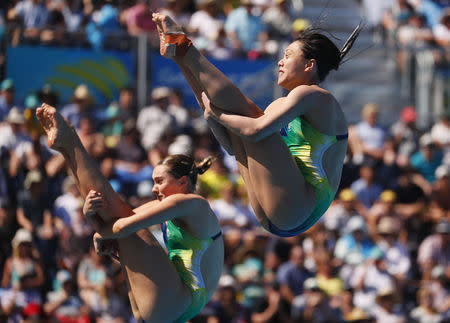 Diving - Gold Coast 2018 Commonwealth Games - Women's Synchronised 3m Springboard - Final - Optus Aquatic Centre - Gold Coast, Australia - April 11, 2018. Esther Qin and Georgia Sheehan of Australia compete. REUTERS/David Gray