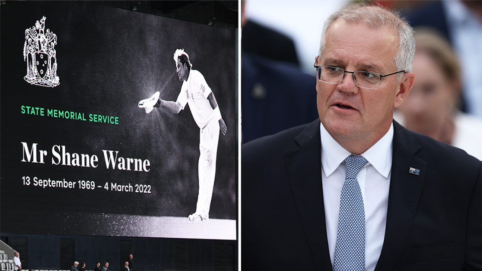 Prime Minister Scott Morrison (pictured right) at Shane Warne's memorial and (pictured left) an image of Shane Warne.