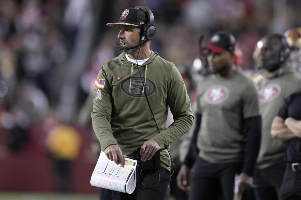 San Francisco 49ers head coach Kyle Shanahan watches from the sideline during the first half of his team's NFL football game against the Los Angeles Chargers in Santa Clara, Calif., Sunday, Nov. 13, 2022. (AP Photo/Godofredo A. Vásquez)