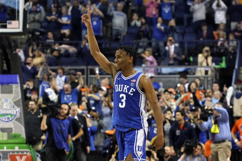 Duke guard Jeremy Roach (3) reacts in the final seconds of Duke's win over Virginia in an NCAA college basketball game for the championship of the Atlantic Coast Conference tournament in Greensboro, N.C., Saturday, March 11, 2023. (AP Photo/Chuck Burton)