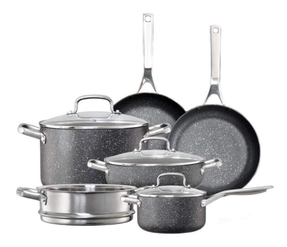 A 6 piece set of Baccarat non-stick cookware including pots and pans of various sizes on a white background 