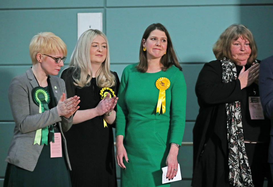 Lib Dem leader Jo Swinson (second right) reacts as she loses her East Dumbartonshire constituency, during the count at the Leisuredome, Bishopbriggs. (Photo by Jane Barlow/PA Images via Getty Images)