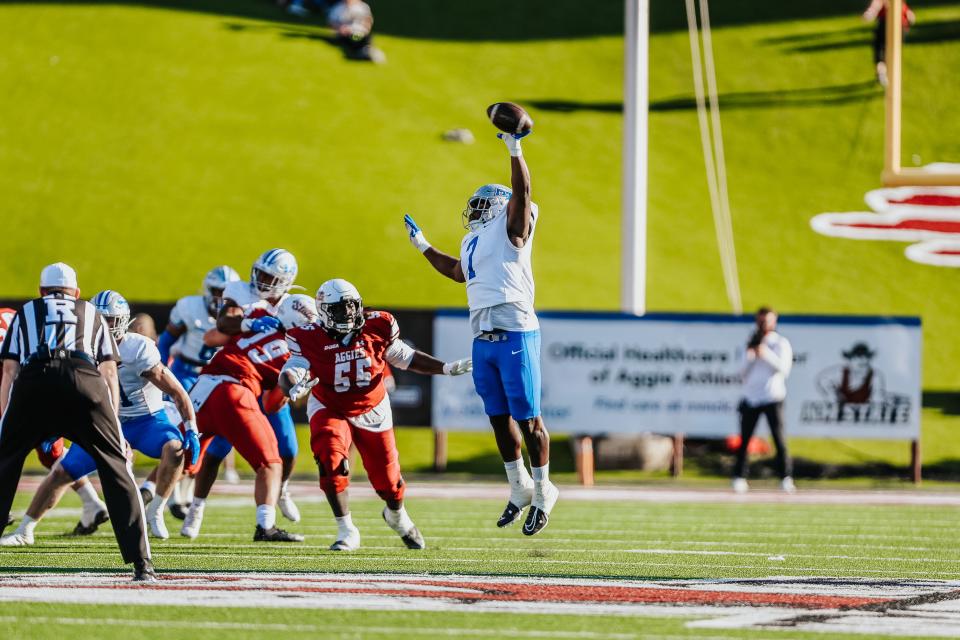 MTSU defensive lineman Zaylin Wood tips a New Mexico State pass during Saturday's Conference USA game.
