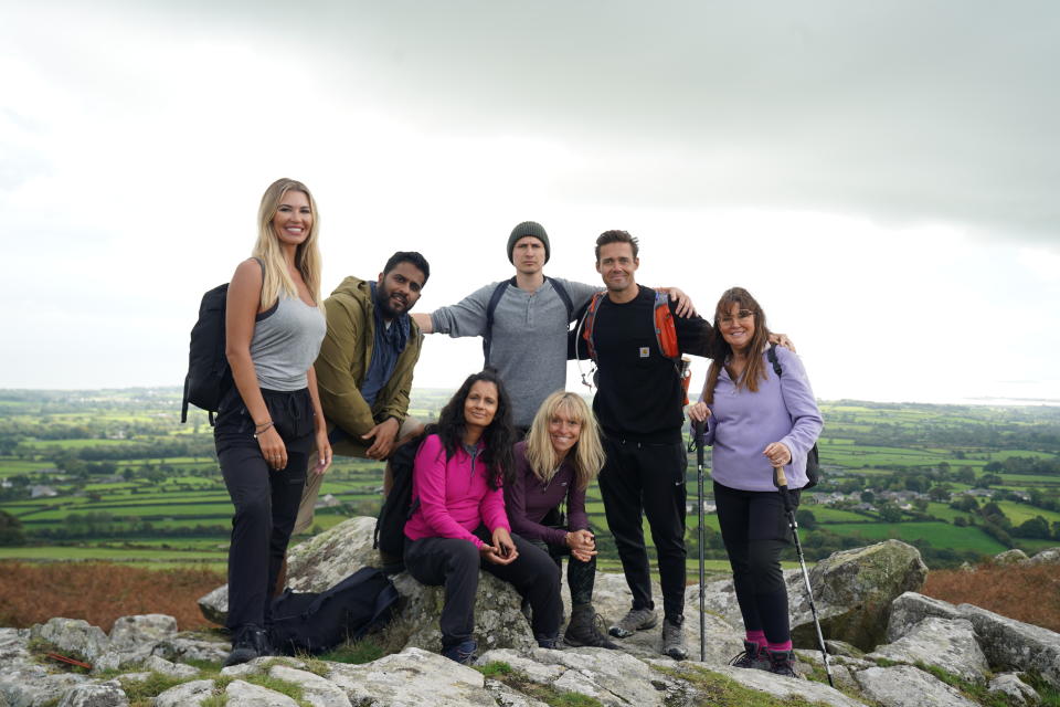 Christine McGuinness, Eshaan Akbar, Sonali Shah, Tom Rosenthal, Michaela Strachan, Spencer Matthews, and Amanda Lovett are taking part in the latest Pilgrimage. (BBC)

