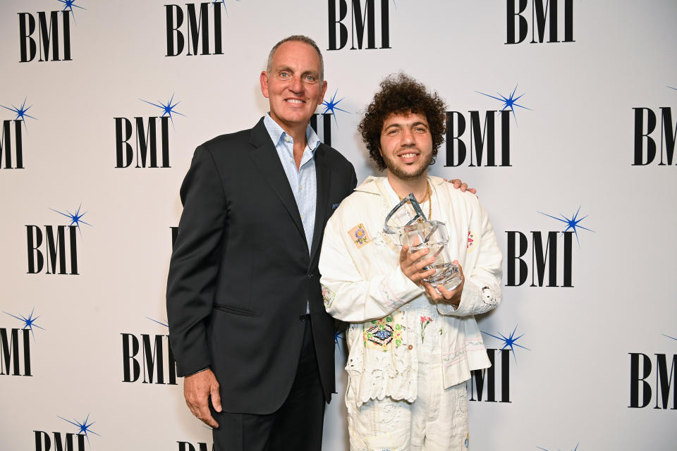 BMI President and CEO Mike O'Neill and Benny Blanco attend the 2024 BMI Pop Awards