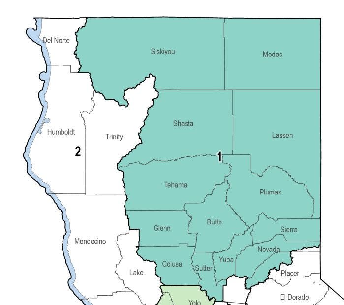 California's State Senate District 1 map: District 1 covers northeastern California, Siskiyou County and much of the Sacramento Valley. For more information on districts go to the California Senate Office of Demographics website at sdmg.senate.ca.gov/Current or call 916-651-1513.