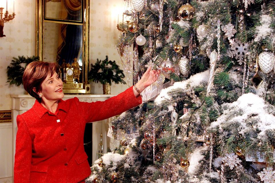 First Lady <strong>Laura Bush</strong> shows off the tree, December 2001.