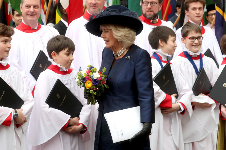 LONDON, ENGLAND - MARCH 09: Camilla, Duchess of Cornwall departs the Commonwealth Day Service 2020 at Westminster Abbey on March 09, 2020 in London, England. The Commonwealth represents 2.4 billion people and 54 countries, working in collaboration towards shared economic, environmental, social and democratic goals. (Photo by Chris Jackson/Getty Images)