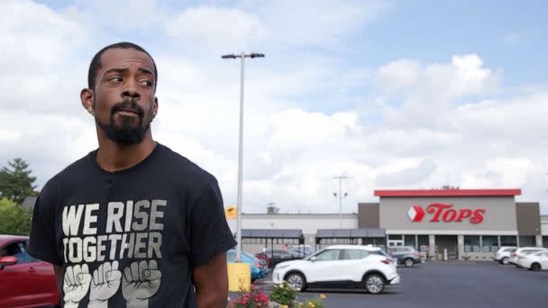 PHOTO: Carlton Steverson speaks of his heroics during the May 14, 2022, mass shooting at the Buffalo grocery store where he works and his life since the massacre.  (Alysha Webb/ABC News)