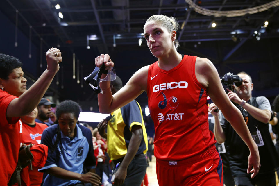 Washington Mystics forward Elena Delle Donne walks off the court after Game 1 of basketball's WNBA Finals against the Connecticut Sun, Sunday, Sept. 29, 2019, in Washington. (AP Photo/Patrick Semansky)