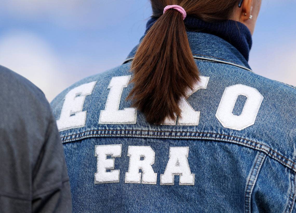 A person wears an “Elko Era” jacket on the sidelines during the second half of the Blue Devils’ 30-19 win over Pittsburgh on Saturday, Nov. 25, 2023, at Wallace Wade Stadium in Durham, N.C.