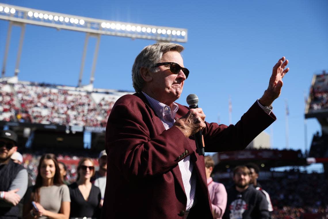 Former South Carolina coach Steve Spurrier speaks during halftime of the Gamecocks’ game at Williams-Brice Stadium in Columbia on Saturday, November 4, 2023.