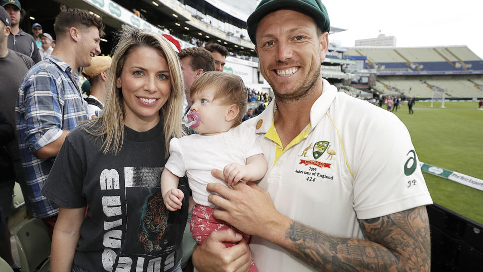 James Pattinson with wife Kayla and daughter Lilah after the first Ashes Test. (Photo by Ryan Pierse/Getty Images)