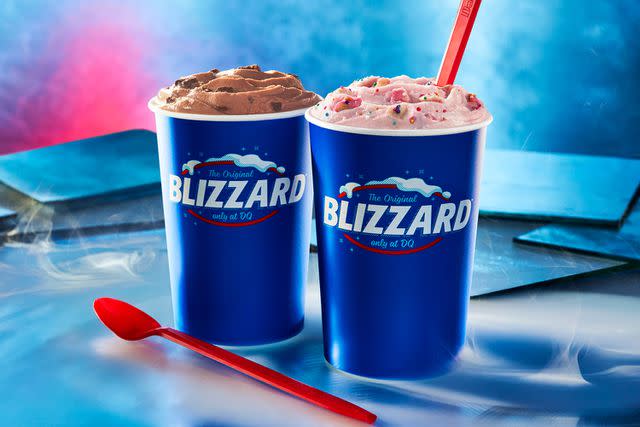 <p>Dairy Queen</p> Dairy Queen's Brownie Batter Blizzard and Frosted Animal Cookie Blizzard