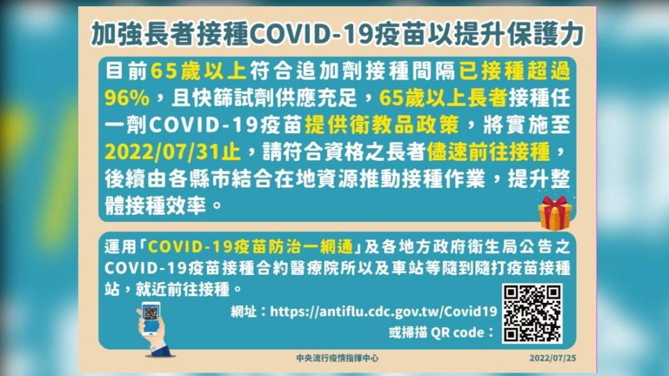 加強長者接踵COVID-19疫苗以提升保護力。（圖／中央流行疫情指揮中心）