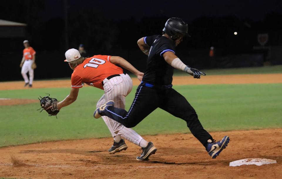 Bartram Trail's Bradley Dennis (9) steps on first base as Spruce Creek's throw pulls Lucas Badalato (10) off the bag in the Region 1-7A quarterfinals.