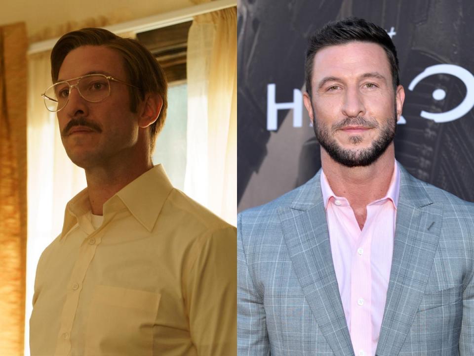 Pablo Schreiber as Allan Gore on Hulu's "Candy," left; right, in 2022.