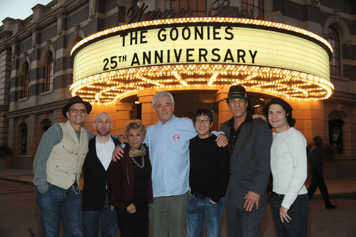 BURBANK, CA - OCTOBER 27:  Actor Joe Pantoliano, actor Jeff Cohen, actress Lupe Ontiveros, director Richard Donner, actor Ke Huy Quan, director Robert Davi and actor Corey Feldman attend the Warner Bros. 25th Anniversary celebration of 