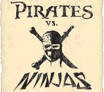 A flag featuring a Pirate Ninja logo and Pirate vs. Ninjas written over it