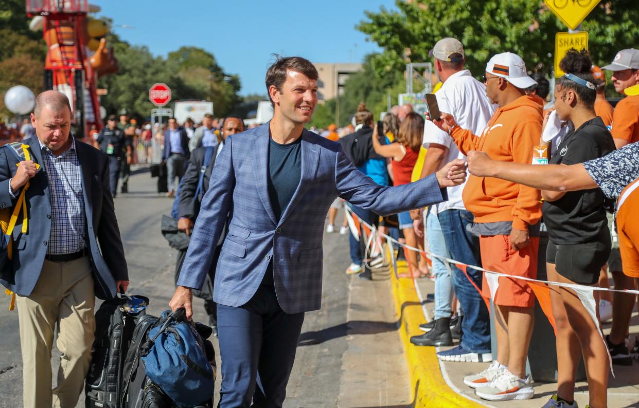 Oct 1, 2022; Austin, Texas, USA; West Virginia Mountaineers offensive coordinator Graham Harrell arrives before their game against the Texas Longhorns at Darrell K Royal-Texas Memorial Stadium. Mandatory Credit: Ben Queen-USA TODAY Sports