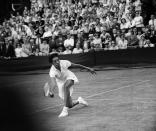 <p>1950 – ALTHEA GIBSON – SPORTS – First African-American woman to compete on the world tennis tour and in 1956 she was the first African-American woman Wimbleton champion and first to win a Grand Slam event. (French Open). — American tennis player Althea Gibson, 1956. The first black player to gain prominence in the game, at Wimbledon. (Central Press/Getty Images) </p>
