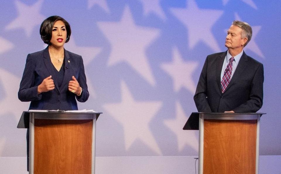 Here's Jordan during a gubernatorial debate with Lt. Gov. Brad Little. Why is he leaning back like that? (Photo: Madeline Rose Scott / Jordan for Governor Campaign)