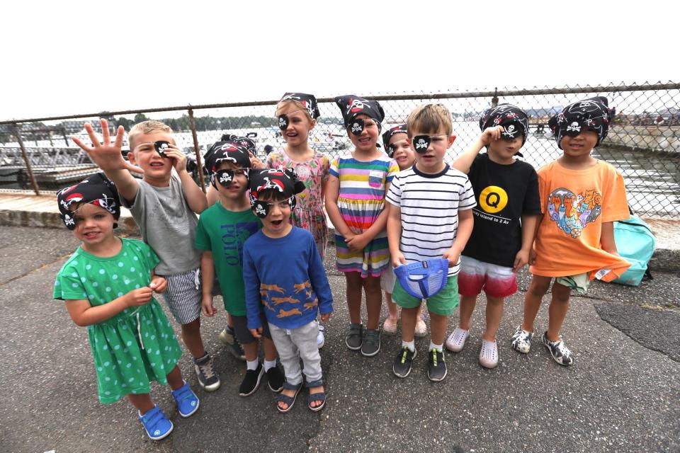 A group of Treehouse School pre-schoolers dressed as pirates to wait for the arrival of the tall ships in Prescott Park on Thursday morning in Portsmouth.