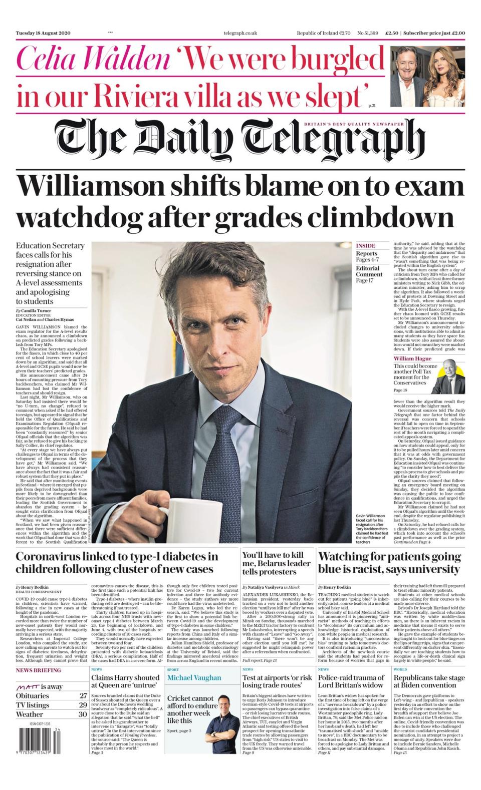 The Daily Telegraph said education secretary Gavin Williamson had attempted to 'shift the blame' onto Ofqual.