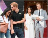 <p>Entre estas dos imágenes hay poco más de un año y medio de diferencia. Es el tiempo que ha transcurrido entre la primera vez que vimos juntos al príncipe Harry y Meghan Markle y la presentación este miércoles de su hijo, que nació el pasado 6 de mayo. Su historia de amor ha ido muy rápida, pero nos ha dejado momentos inolvidables. (Foto: Karwai Tang / WireImage / Getty Images / Dominic Lipinski / AP). </p>