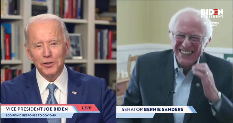 UNKNOWN LOCATION - APRIL 13:  In this screengrab taken from JoeBiden.com campaign website, U.S. Sen. Bernie Sanders (I-VT) endorses Democratic presidential candidate former Vice President Joe Biden during a live streaming broadcast on April 13, 2020. Sanders said,  “Today, I am asking all Americans—I’m asking every Democrat, I’m asking every Independent, I’m asking a lot of Republicans—to come together in this campaign to support your candidacy.”  (Photo by JoeBiden.com via Getty Images)