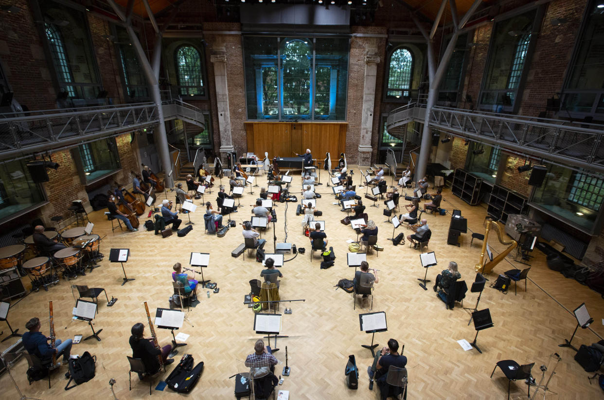 EDITORIAL USE ONLY Sir Simon Rattle rehearses with the London Symphony Orchestra at LSO St Luke's in London for the first time since March 2020, in preparation for a BBC Proms concert on Sunday 30 August.