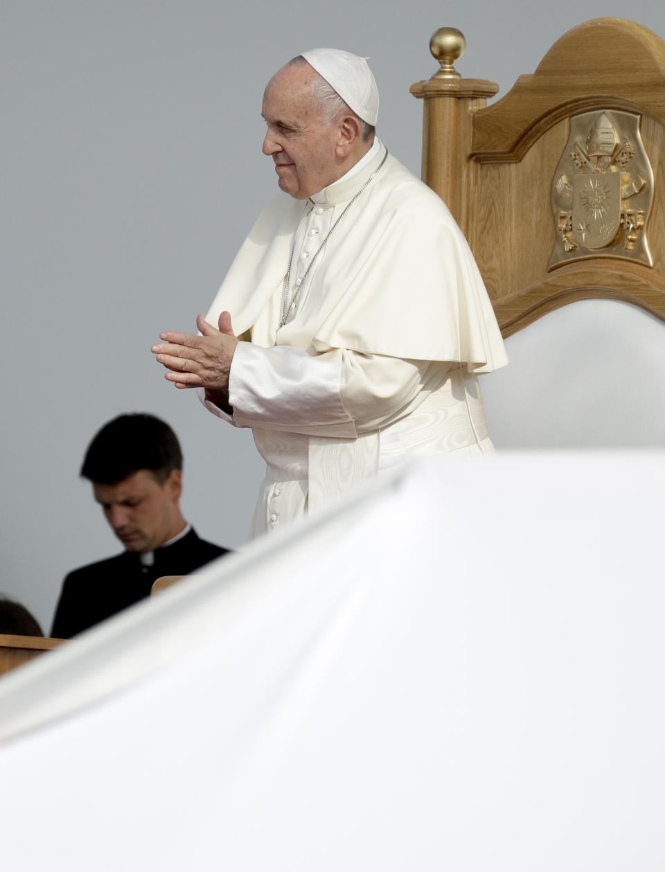 Pope Francis attends a meeting with young people and families, in Iasi, Romania, Saturday, June 1, 2019. Francis began a three-day pilgrimage to Romania on Friday that in many ways is completing the 1999 trip by St. John Paul II that marked the first-ever papal visit to a majority Orthodox country. (AP Photo/Andrew Medichini)