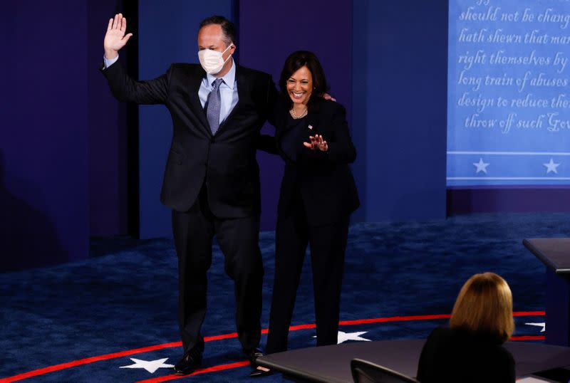 Democratic vice presidential nominee Senator Kamala Harris and U.S. Vice President Mike Pence participate in their 2020 vice presidential campaign debate in Salt Lake City