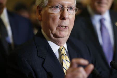 U.S. Senate Majority Leader Mitch McConnell (R-KY) faces reporters following a weekly lunch meeting with fellow Republicans on Capitol Hill in Washington, U.S., September 12, 2017. REUTERS/Joshua Roberts