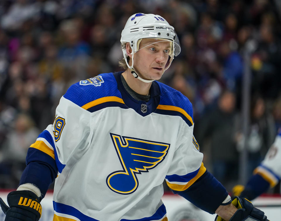 FILE - In this Jan. 2, 2020 file photo St. Louis Blues defenseman Jay Bouwmeester skates against the Colorado Avalanche during the third period of an NHL hockey game in Denver. Bouwmeester collapsed on the bench during a break in play in the first period, prompting the Blues and Anaheim Ducks to postpone their game Tuesday night, Feb. 11, 2020. Bouwmeester appeared to be awake and alert as he was being transported out of the arena to a hospital. (AP Photo/Jack Dempsey, file)