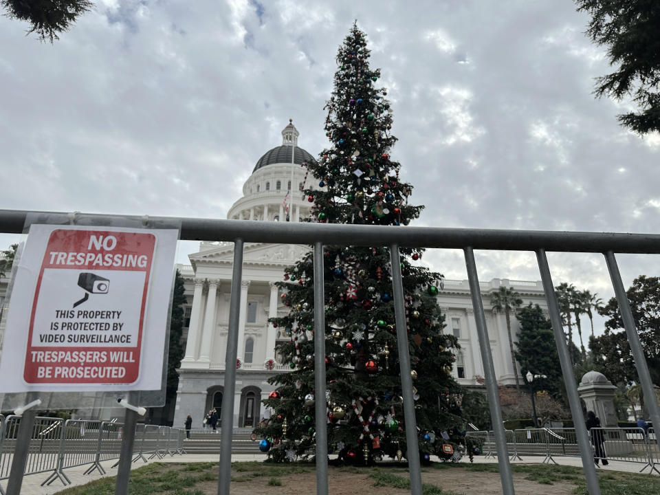 A Christmas tree stands in front of the west steps of the California Capitol on Wednesday, Dec. 6, 2023, in Sacramento, Calif. California will not have an in-person tree lighting ceremony this year. Instead, Gov. Gavin Newsom and his wife will host a pre-recorded ceremony that will be released Wednesday. Demonstrators calling for a cease-fire in Gaza have protested at the California Capitol and other public places. The Governor's Office said it was concerned about security. (AP Photo/Adam Beam)