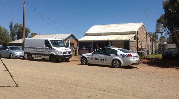 Police vehicles at the Terowie house there the bones were found: Photo: @AndreaLNicolas, Twitter
