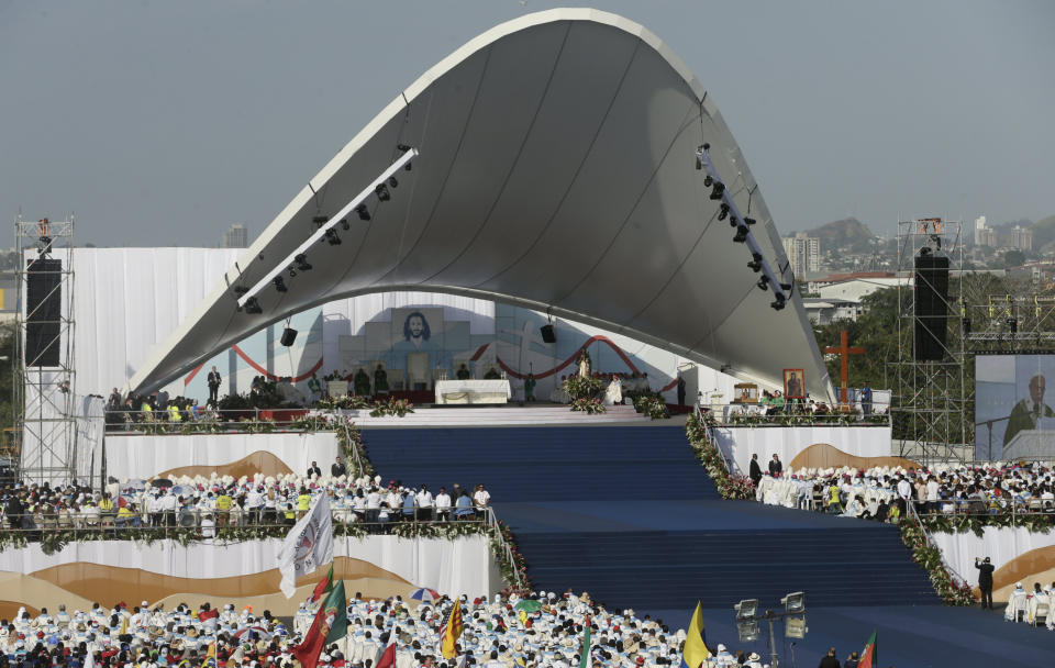 Pope Francis delivers his homily during an early morning Mass, marking the formal end to World Youth Day at the metro park Campo San Juan Pablo II in Panama City, Sunday, Jan. 27, 2019. (AP Photo/Arnulfo Franco)