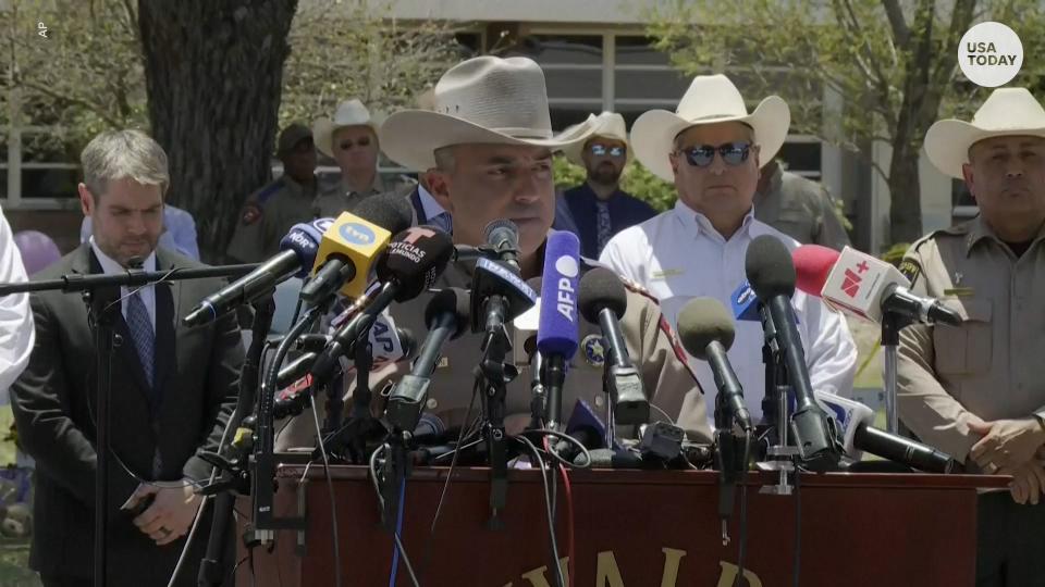 THURSDAY: Victor Escalon, regional director with the Texas Department of Public Safety, speaks at press during a news conference outside  Robb Elementary School.