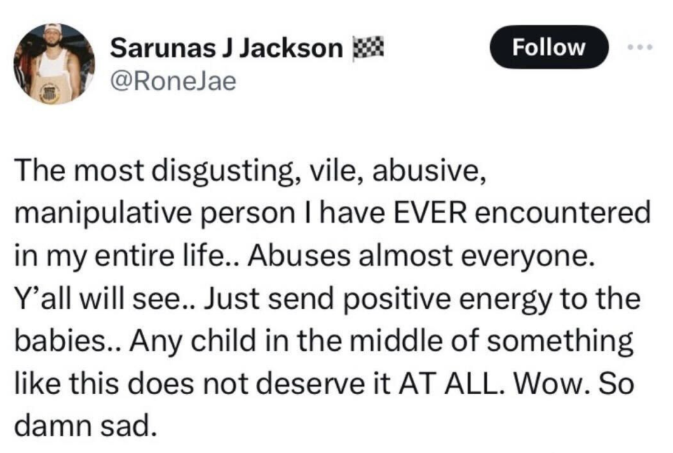 Screenshot of the tweet, starting with "The most disgusting, vile, abusive, manipulative person I have EVER encountered in my entire life. Abuses almost everyone. Y'all will see..."
