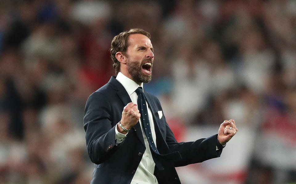 England manager Gareth Southgate celebrates reaching the final after the UEFA Euro 2020 semi final match at Wembley Stadium, London. Picture date: Wednesday July 7, 2021. (Photo by Nick Potts/PA Images via Getty Images)