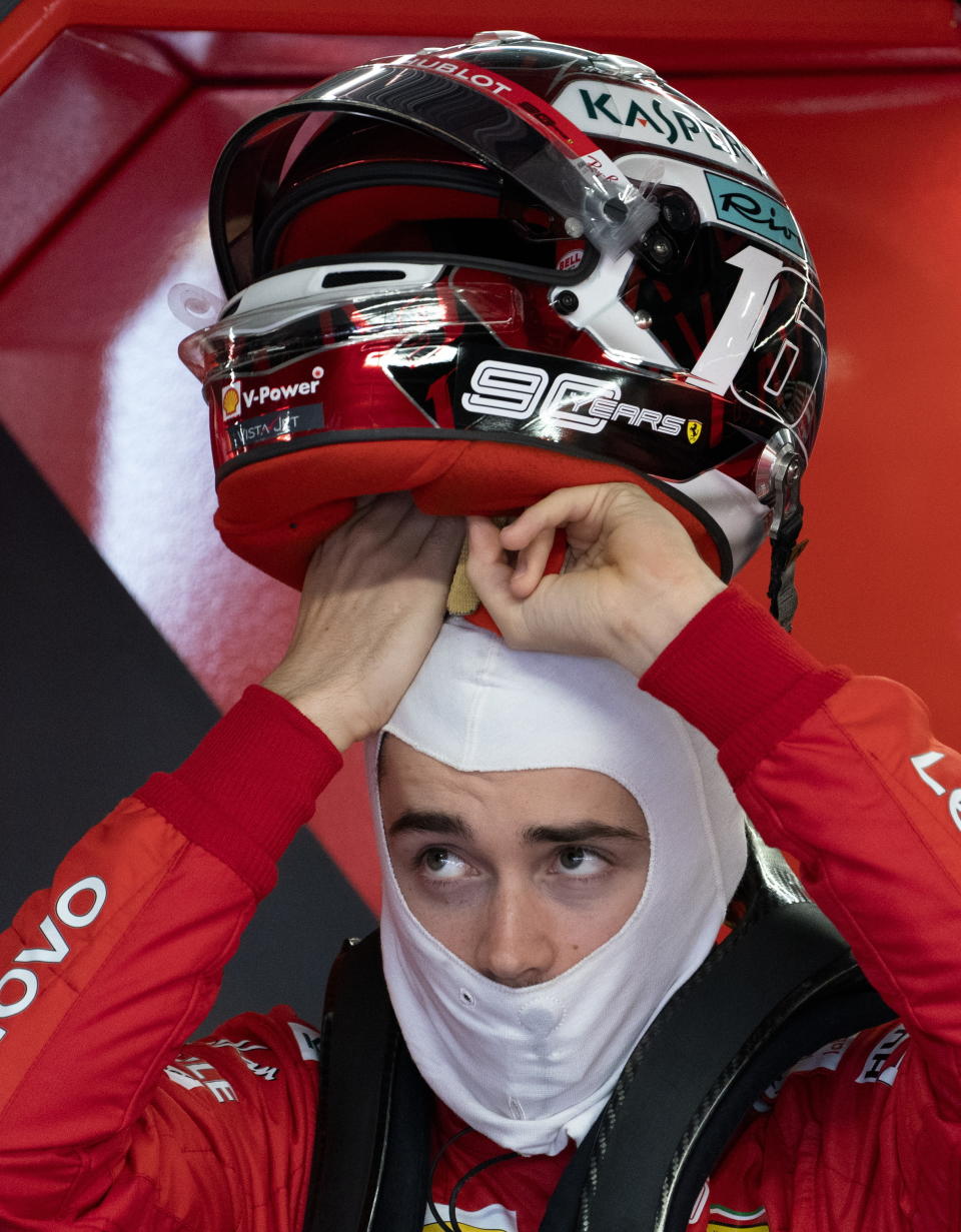 Ferrari driver Charles Leclerc of Monaco gets ready to hit the track during the third practice session at the Formula One Canadian Grand Prix auto race in Montreal, Saturday, June 8, 2019. (Paul Chiasson/The Canadian Press via AP)