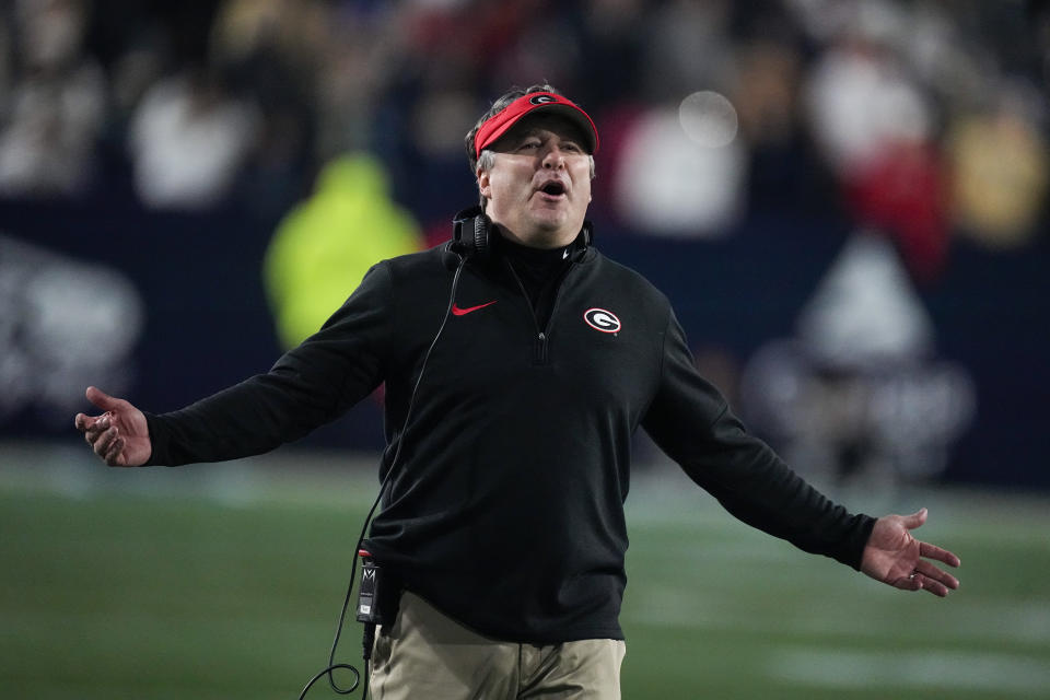 Georgia head coach Kirby Smart reacts on the sideline during the second half of an NCAA college football game against Georgia Tech, Saturday, Nov. 25, 2023, in Atlanta. (AP Photo/John Bazemore)