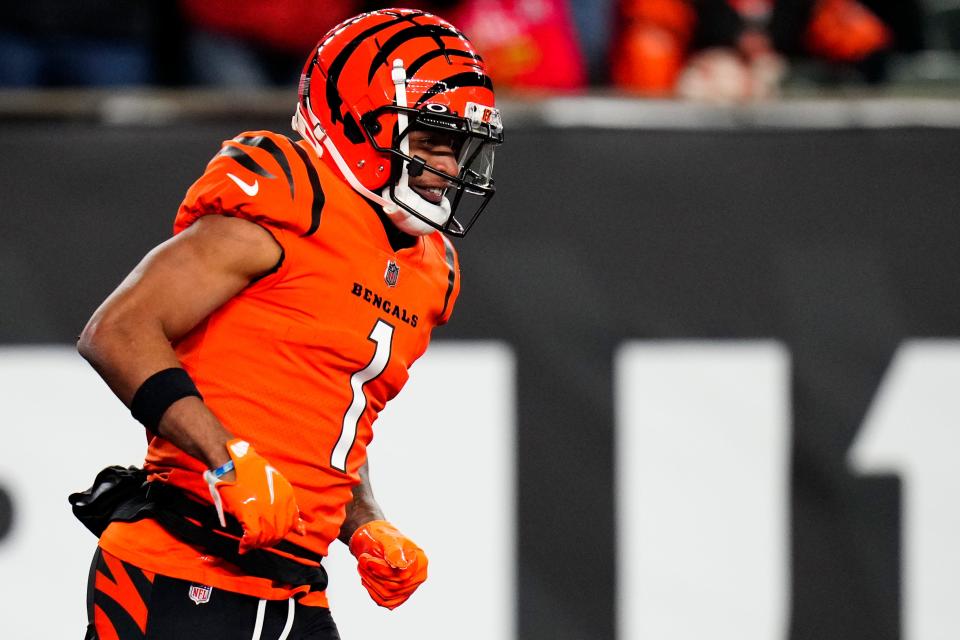 Cincinnati Bengals wide receiver Ja'Marr Chase (1) runs back to the line after a first down reception in the second quarter of a Week 13 NFL game at Paycor Stadium in Cincinnati on Sunday, Dec. 4, 2022. Mandatory Credit: Sam Greene-The-Cincinnati Enquirer-USA TODAY Sports